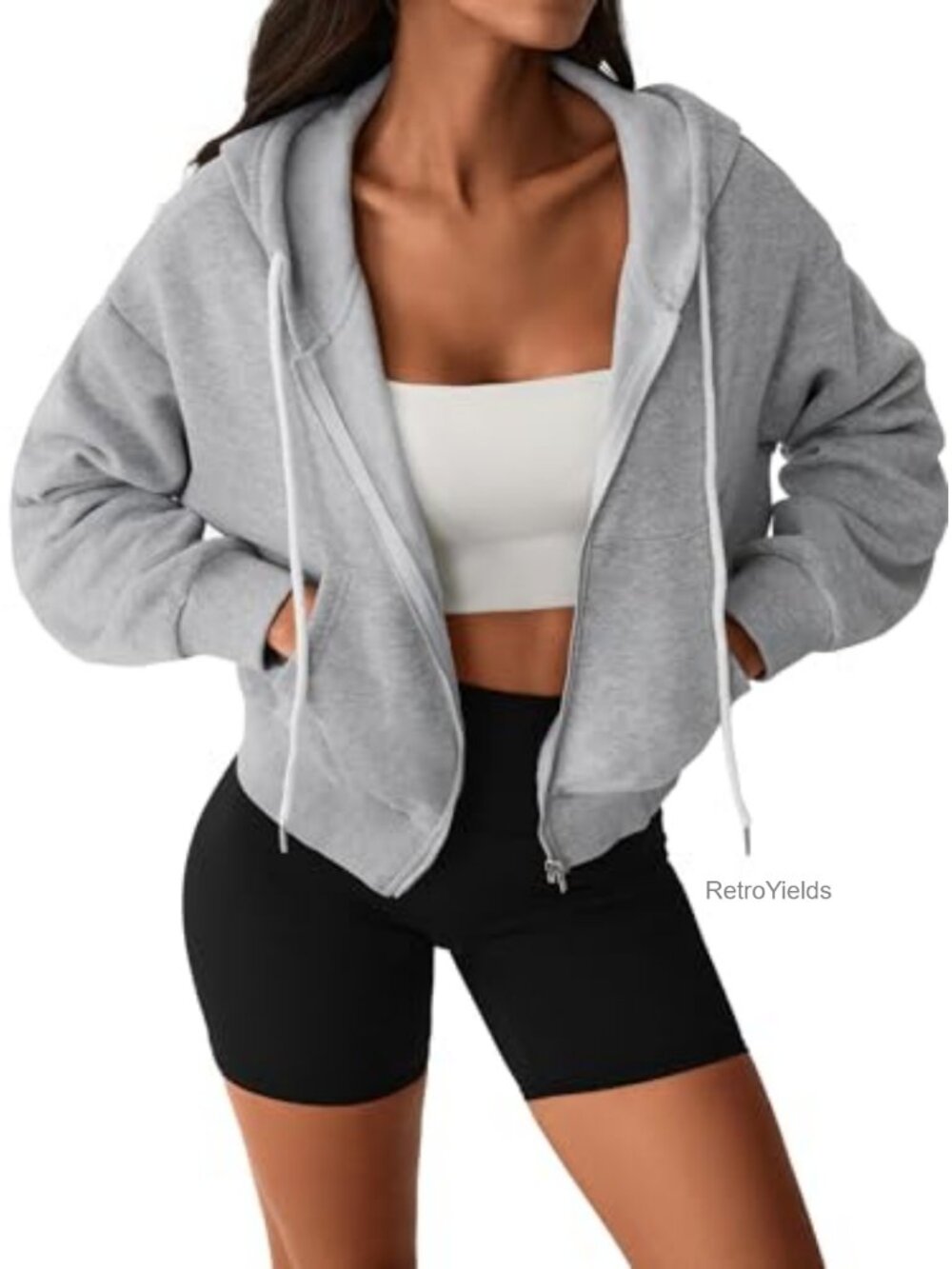 Womens Cropped Zip Up Hoodie Drop Shoulder Full Zipper Plain Knit